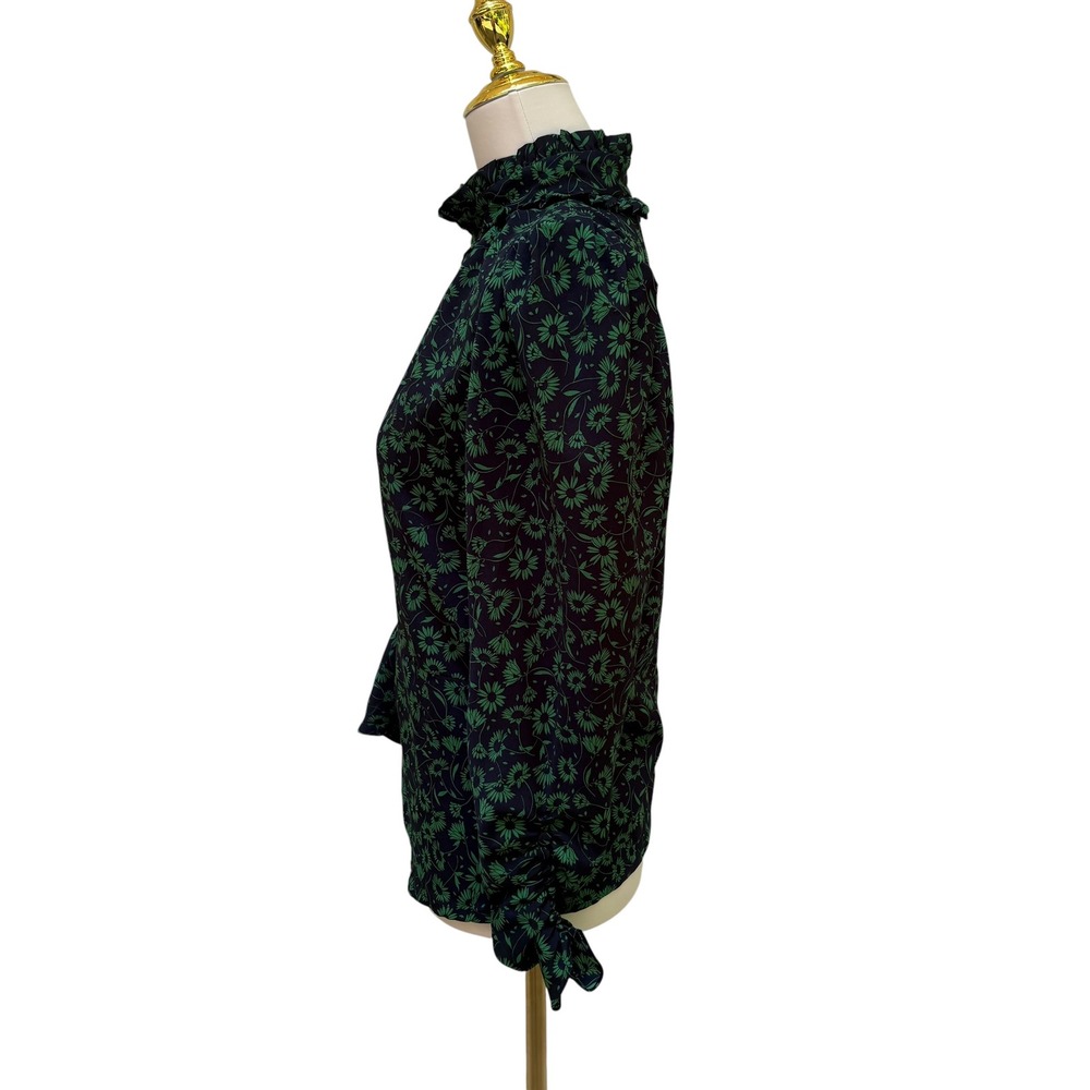 Zara Floral High Neck Blouse XL Green Black Puff Sleeve Ruffle NWT Victorian - Picture 3 of 10